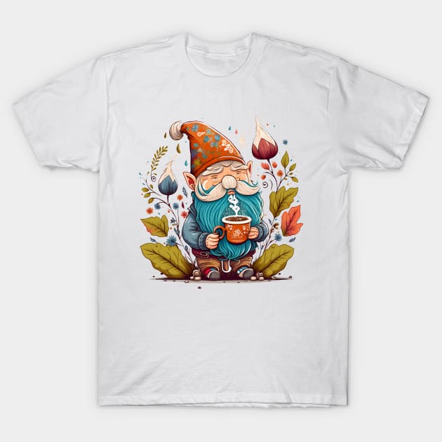 Funny Coffee & Gnome Lovers Floral Retro Spring Gardener T-Shirt by Ai Wanderer